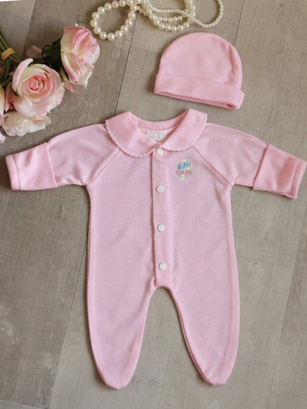 Preemie Reborn Doll Pink Sleeper Set with Bonnet Snap Front Embroidery